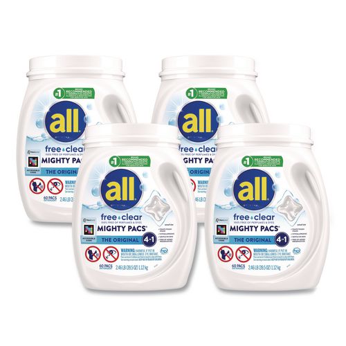 MIGHTY PACS Free Clear Laundry Detergent, 60 Pods/Tub, 4 Tubs/Carton