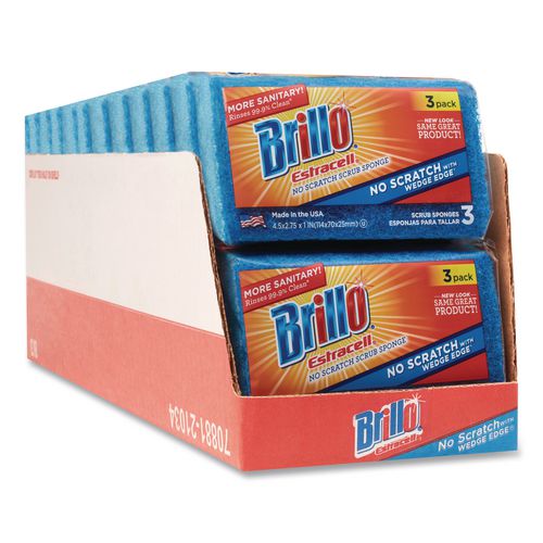 Estracell No Scratch Kitchen Sponges, 4.5 x 2.75, 1" Thick, Blue, 3 Sponges/Pack, 8 Packs/Carton