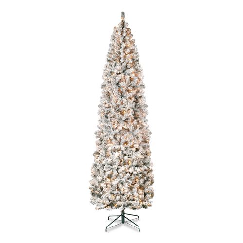 Pre-Lit Acacia Flocked Slim Tree, 35" x 35" x 108", Green Tree, Green Tree Stand