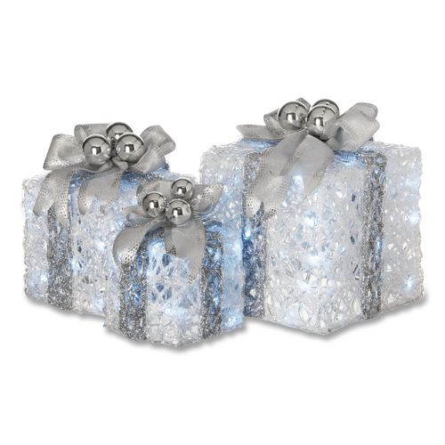 Pre-Lit Decorated White Gift Box Assortment, AC Powered, Cool White LED Lights, 8", 10", 12", White