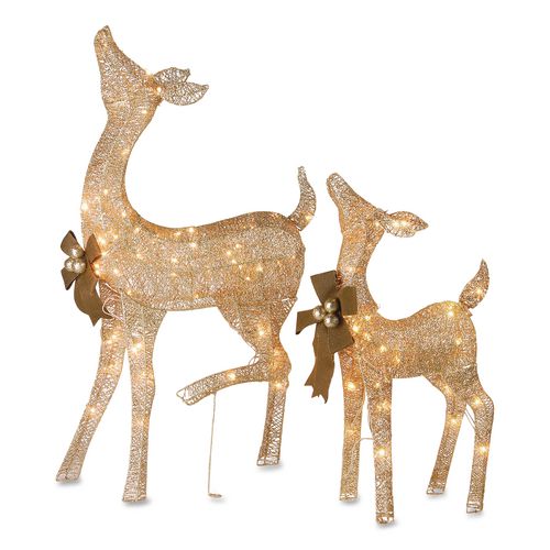 Pre-Lit Fawn with Doe Decoration, AC Powered, Warm White LED Lights, 6" x 22" x 38" Doe, 6" x 22" x 28" Fawn, Assorted Colors