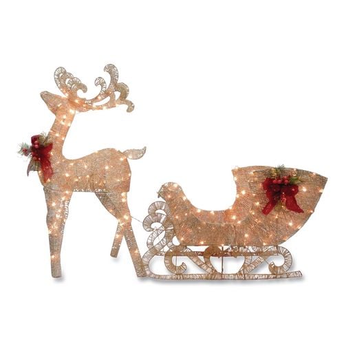 Champagne Reindeer Pulling Sleigh, AC Power, Warm White LED Lights, 13.5" x 24" x 48" Reindeer, 13.5" x 38.5" x 24" Sleigh