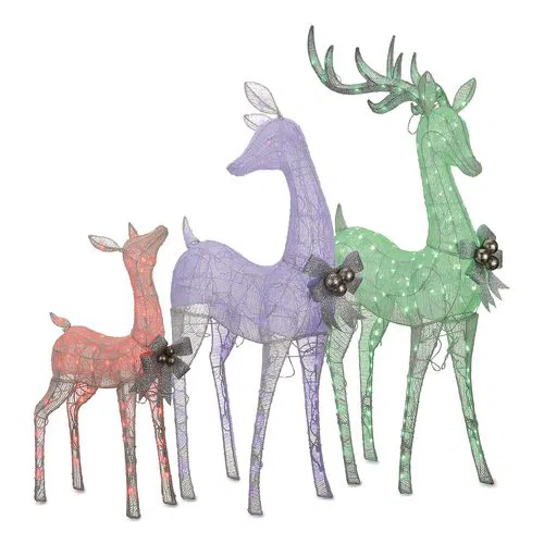 Mesh Glittered Deer Family, AC Powered, Blue/Green/Red/Yellow LED Lights, 27" x 8.5" x 60", White