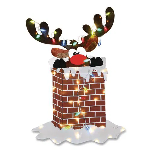 Pre-Lit Reindeer Stuck in Chimney Decoration, AC Powered, Blue/Green/Red/Yellow LED Lights, 12" x 33" x 47", Red