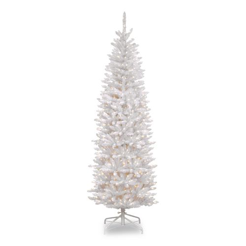 Pre-Lit Kingswood Fir Pencil Tree, 28" x 28" x 78", White Tree, White Tree Stand