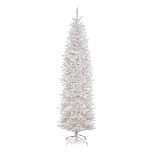 Pre-Lit Kingswood Fir Pencil Slim Tree, 35" x 35" x 108", White Tree, White Tree Stand
