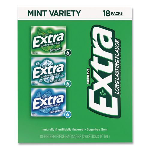 Extra Mint Variety Sugar-Free Gum, Peppermint/Polar Ice/Spearmint, 15 Sticks/Pack, 18 Packs/Carton