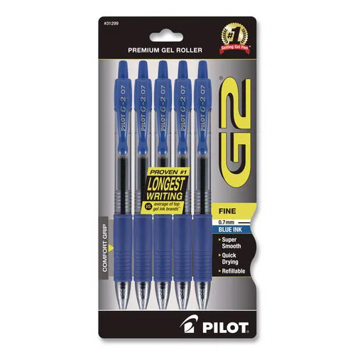 G2 Premium Gel Pen, Retractable, Fine 0.7 mm, Blue Ink, Smoke/Blue Barrel, 5/Pack