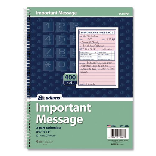 Important Message Book, Two-Part Carbonless, 4 Forms/Sheet, 400 Forms Total