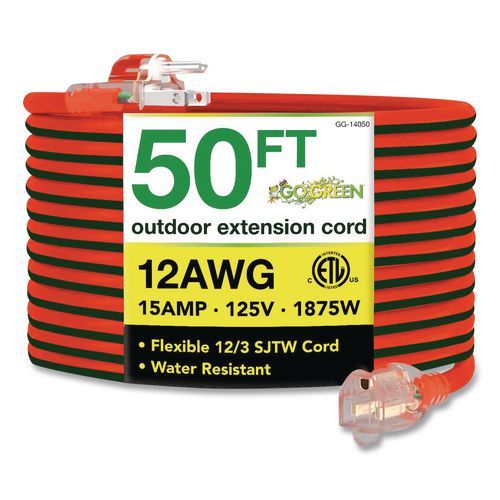 12 AWG Lighted End Heavy-Duty Extension Cord, 50 ft, 15 A, Orange/Black