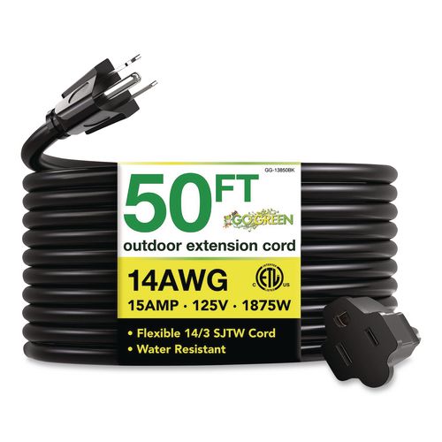 14 AWG Lighted End Heavy-Duty Extension Cord, 50 ft, 15 A, Black
