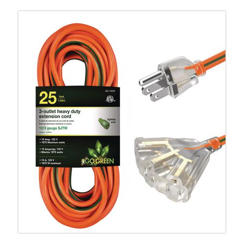 12 AWG 3-Outlet Heavy-Duty Extension Cord, 25 ft, 15 A, Orange