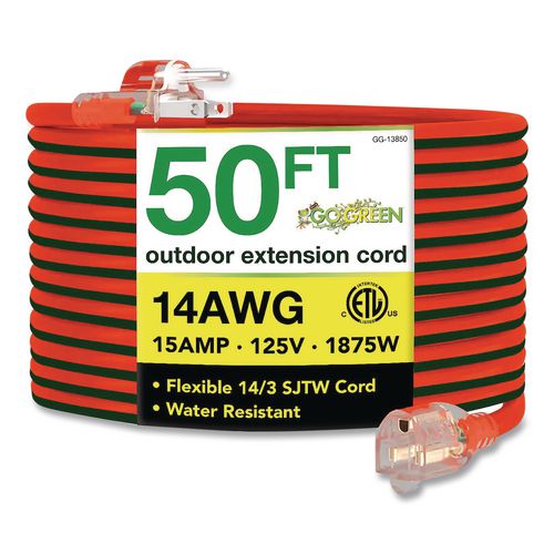 14 AWG Outdoor Extensioin Cord, 50 ft, 15 A, Orange