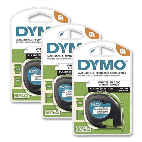 LetraTag Plastic Labels, 0.5" x 13 ft, White, 3 Cassettes/Pack