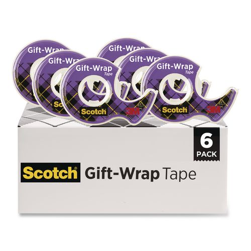 Gift Wrap Tape with Dispenser, 1" Core, 0.75" x 50 ft, Clear, 6/Pack