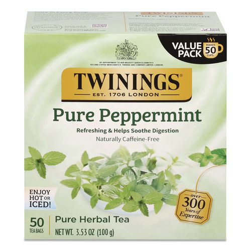 Tea Bags, Pure Peppermint, 0.07 oz Tea Bag, 50/Box