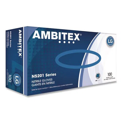 N5201 Series Powder-Free Nitrile Gloves, Large, 9" Long, Blue, 100/Box