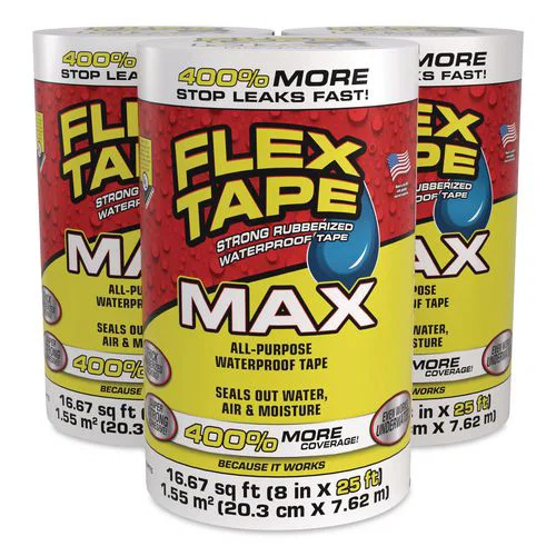MAX Strong Rubberized Waterproof Tape, 4" Core, 39 mils Thick, 8" x 25 ft, White, 3/Carton
