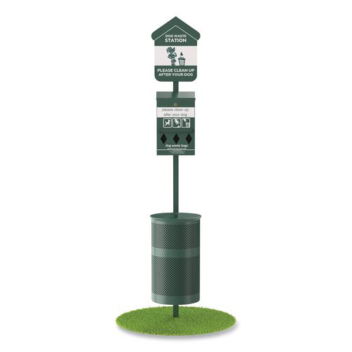 Pet Waste Station Kit with Roll Bag Locking Dispenser, 11.5 Gallon Round Lidded Trash Can, Pole, and Glow-in-the-Dark Sign