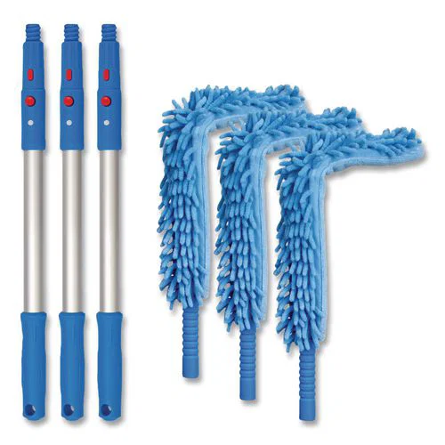 Flexible Wand Duster with Microfiber and Chenille Sleeve and 20" Pole, 3/Kit