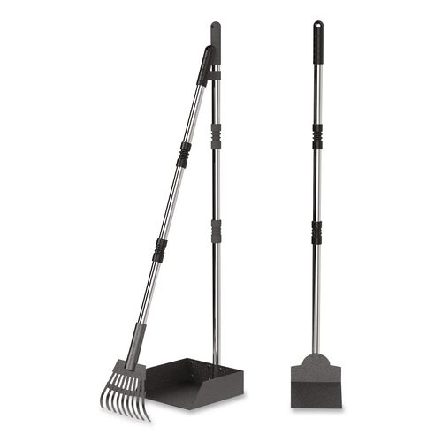 Dog Pooper Scooper Set with Heavy-Duty Metal Tray, Rake and Spade, 37.8" Length Black/Silver