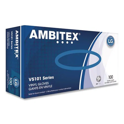V5101 Series Latex-Free Lightly Powdered Vinyl Gloves, Large, 3 mil Thick, 9" Long, Clear, 100/Box