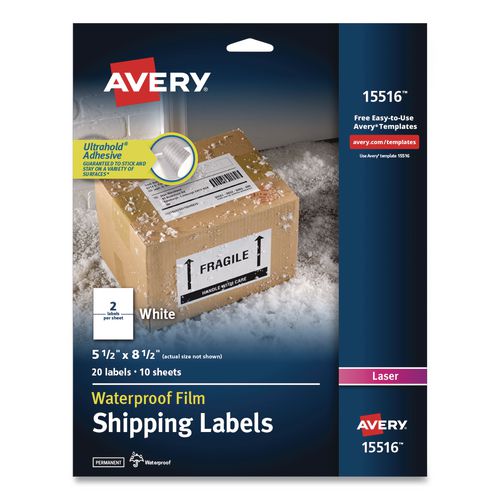 Waterproof Film Address Labels with Sure Feed Technology, Laser Printers, 5.5 x 8.5, White, 2 Labels/Sheet, 10 Sheets/Pack