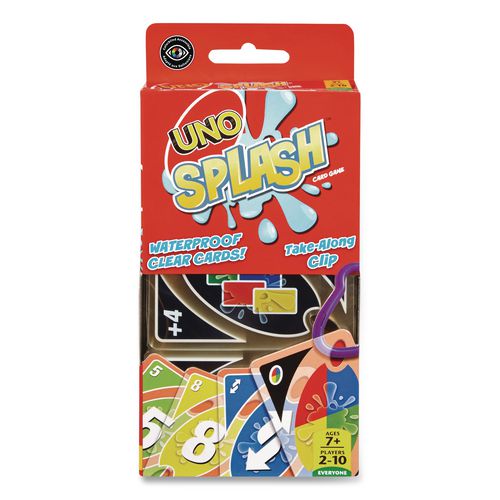 UNO Splash Card Game, 108 Waterproof Cards with Take-Along Clip, Ages 7 and Up