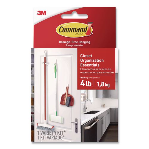 Closet Organization Essentials Variety Kit, Broom Gripper and (2) Utility Hooks, Plastic, White, Supports 4 lb, 3/Pack