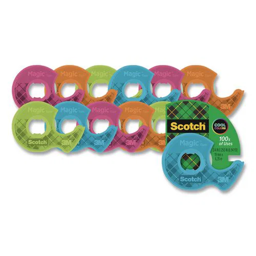 Magic Tape in Handheld Dispenser, Assorted Color Dispensers, 1" Core, 0.75" x 250", 12/Pack