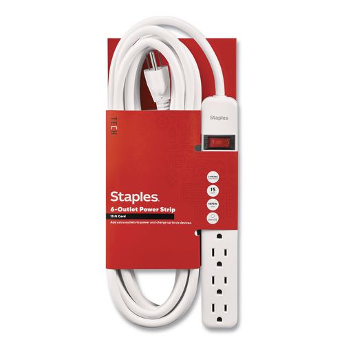 Six-Outlet Power Strip, 15 ft Cord, White