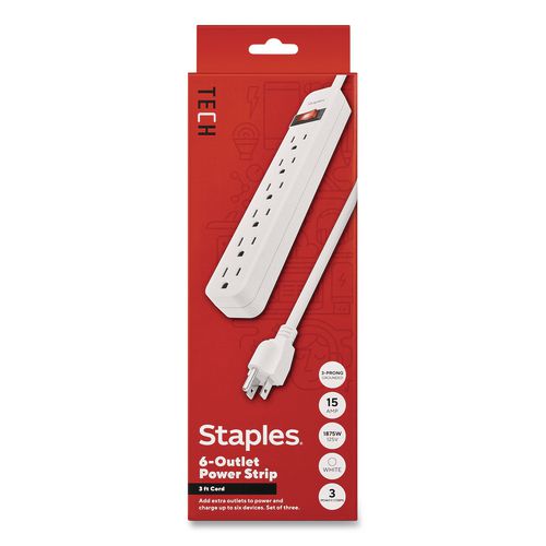 Six-Outlet Power Strip, 3 ft Cord, White, 3/Pack