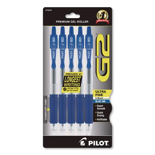 G2 Edge Premium Gel Pen, Retractable, Ultra Fine 0.38 mm, Blue Ink, Clear/Blue Barrel, 5/Pack