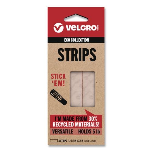 ECO Collection Hook-and-Loop Strips, 2.5" x 0.75", White, 8/Pack