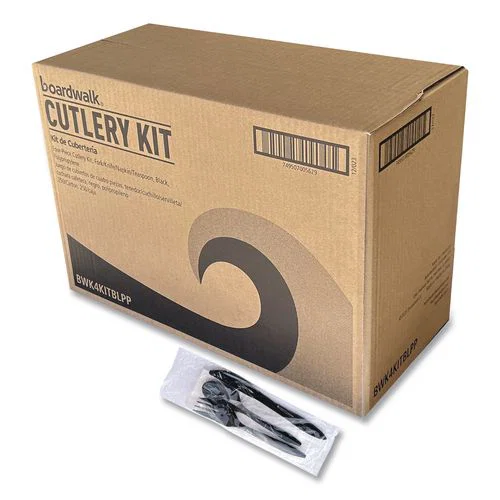 Four-Piece Cutlery Kit, Mediumweight, Fork/Knife/Napkin/Spoon, Plastic, 6.38", Black, 250/Carton