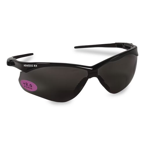 Nemesis Readers Safety Glasses, 2.0+ Diopter, Black Half Frame, Smoke Dual Lens
