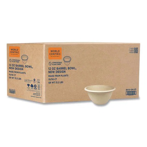Fiber Barrel Bowls, 12 oz, 4.5" Diameter x 2.5" h, Natural, Paper, 500/Carton