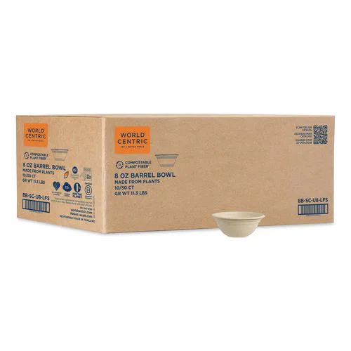 Fiber Barrel Bowls, 8 oz, 4.5" diameter x 1.8" h, Natural, Paper, 500/Carton