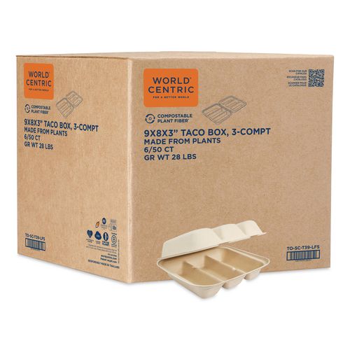 Fiber Hinged Takeout Containers, Taco Box, 7.9 x 9.2 x 3.2, Natural, Sugarcane Fiber, 300/Carton