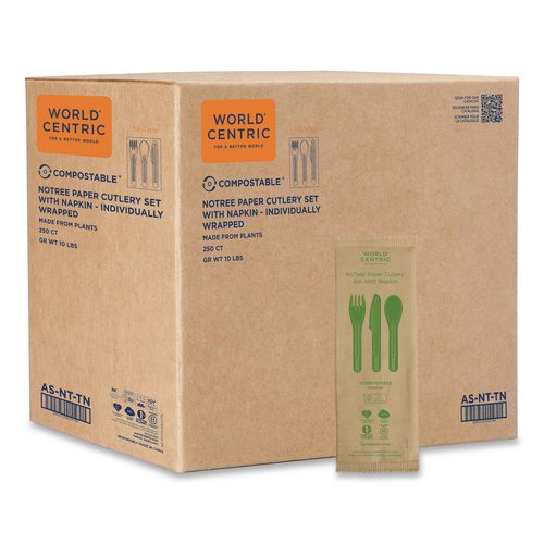 NoTree Cutlery, Light Mediumweight, Fork/Knife/Spoon/Napkin, Paper, Natural, 250/Carton
