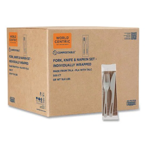 TPLA Wrapped Cutlery, Fork/Knife/Napkin, Plastic, Light Beige, 500/Carton