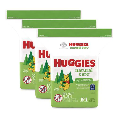 Natural Care Sensitive Baby Wipes, 1-Ply, 3.88 x 6.6, Unscented, White, 184/Pack, 3 Packs/Carton