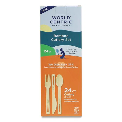 Bamboo Cutlery, Fork/Knife/Spoon, Paper, Natural, 24/Pack
