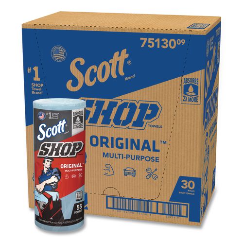 Shop Towels, Standard Roll, 1-Ply, 9.4 x 11, Blue, 55/Roll, 30 Rolls/Carton