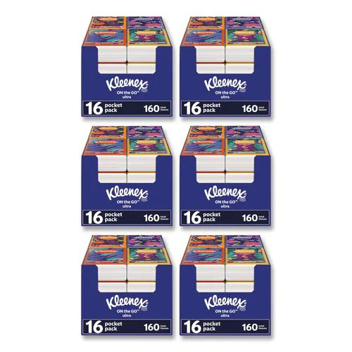 On The Go Packs Facial Tissues, 3-Ply, White, 10 Sheets/Pouch, 16 Pouches/Pack,  6 Packs/Carton