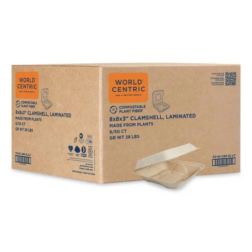 Fiber Hinged Takeout Containers, 8.2 x 8.8 x 2.9, Natural, Sugarcane Fiber, 300/Carton