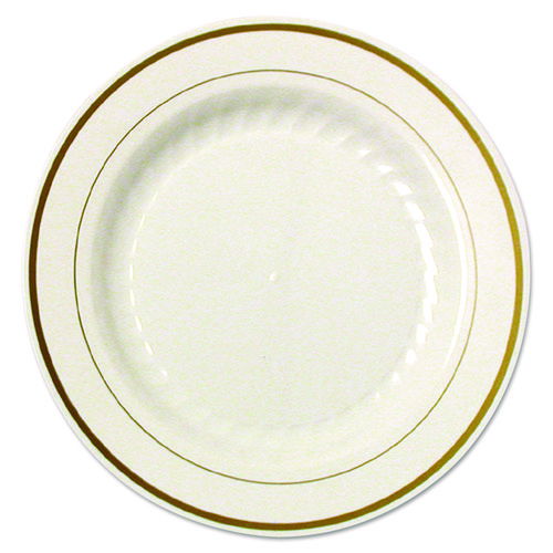 Masterpiece Plastic Plates, 9" dia, Ivory/Gold, 10/Pack, 12 Packs/Carton