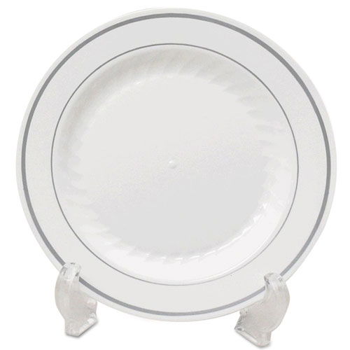 Masterpiece Plastic Dinnerware, Plate, 10.25" dia. White/Silver, 12/Pack, 10 Packs/Carton