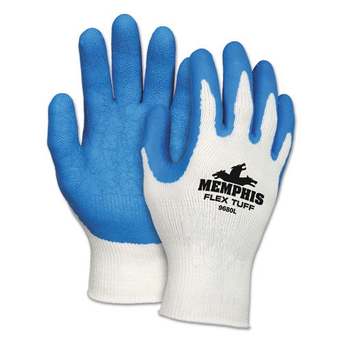 Premium Latex Coated String Gloves, Medium, White/Blue, 12 Pairs
