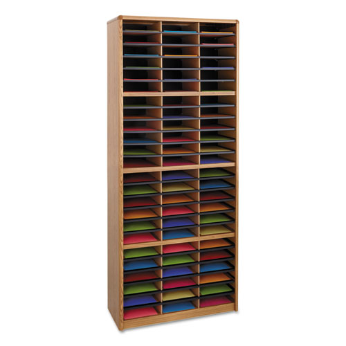 Steel/Fiberboard Literature Sorter, 72 Compartments, 32.25 x 13.5 x 75, Med Oak
